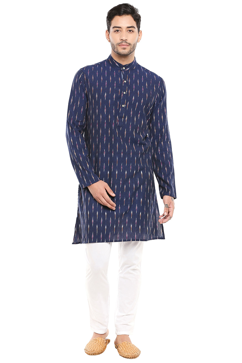Men's printed cotton band collar knee-length kurta, front view.