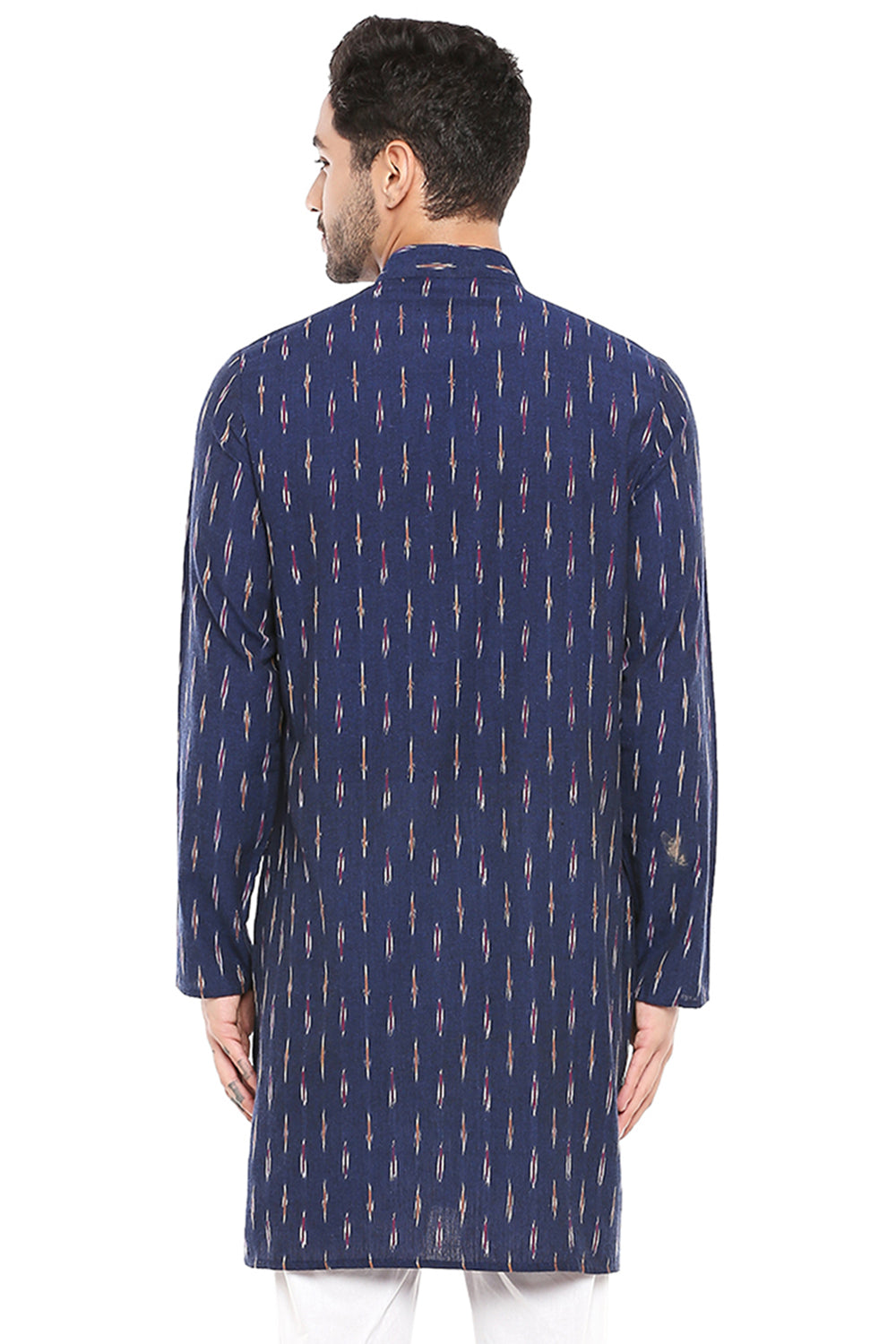 Men's printed cotton band collar knee-length kurta, side view.