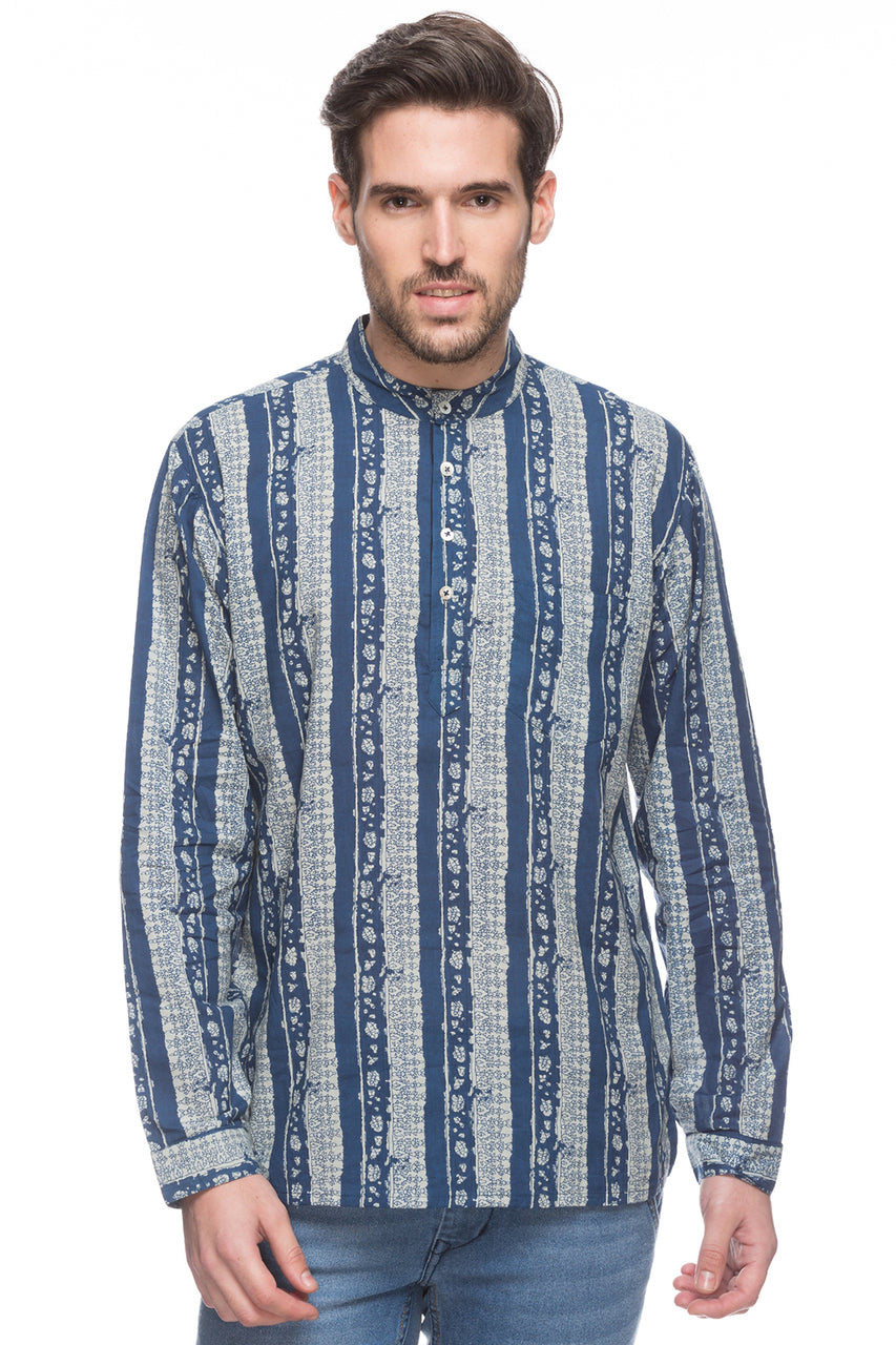 Men's printed cotton band collar knee-length kurta, front view.