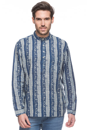 Men's printed cotton band collar knee-length kurta, front view.