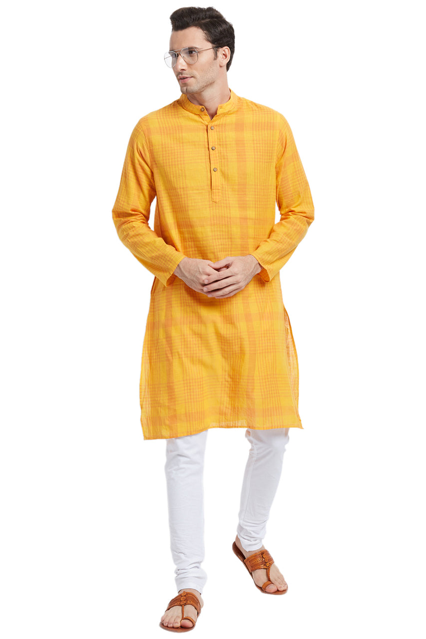 Men's printed cotton mandarin collar knee-length kurta, alternate front view.