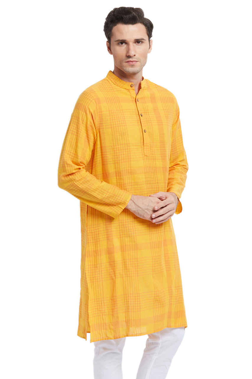 Men's printed cotton mandarin collar knee-length kurta, alternate side view.
