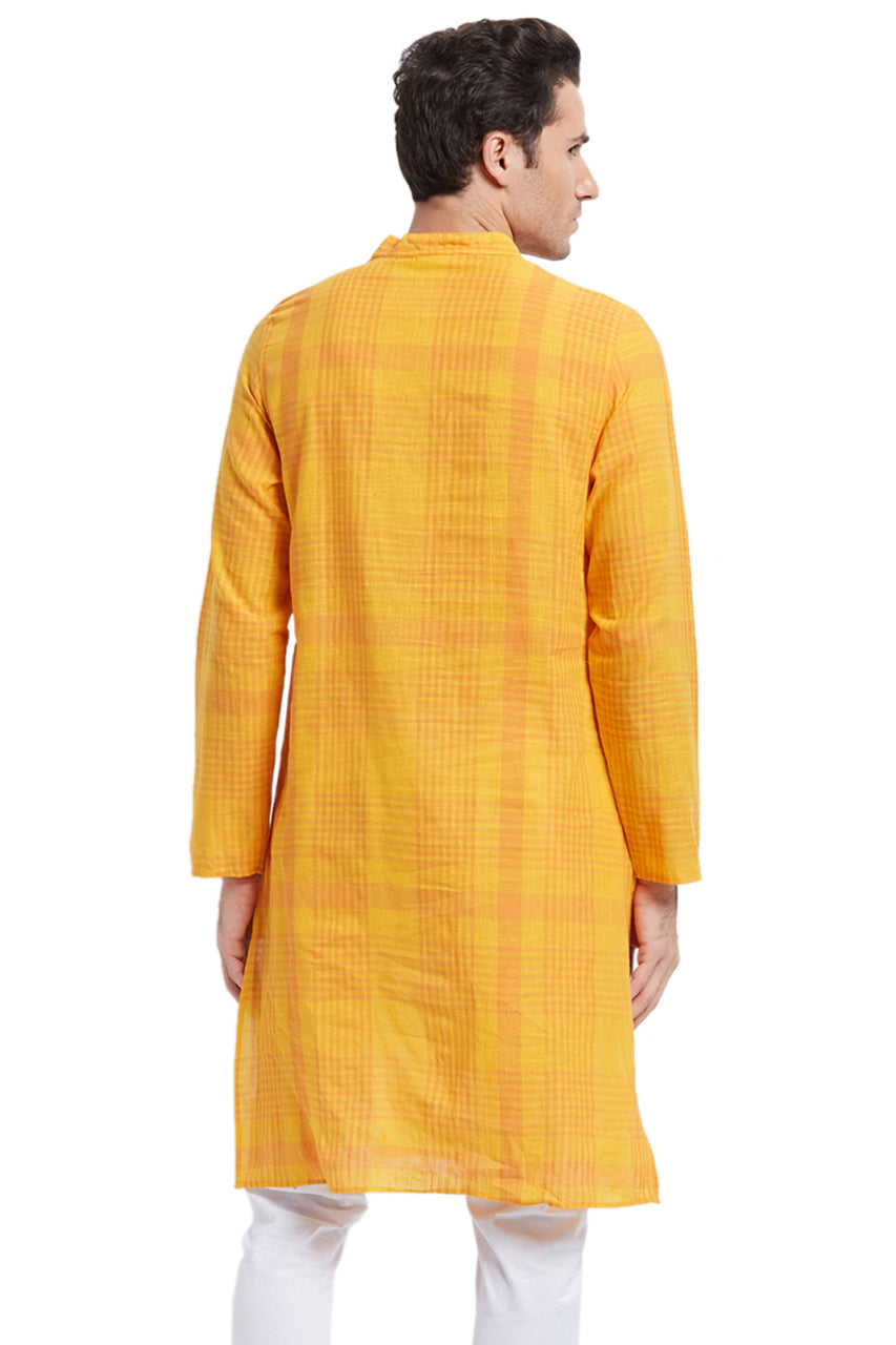 Men's printed cotton mandarin collar knee-length kurta, back view.