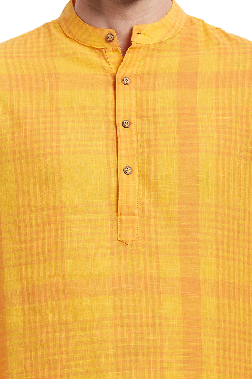 Men's printed cotton mandarin collar knee-length kurta, close-up detail.