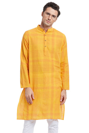 Men's printed cotton mandarin collar knee-length kurta, front view.