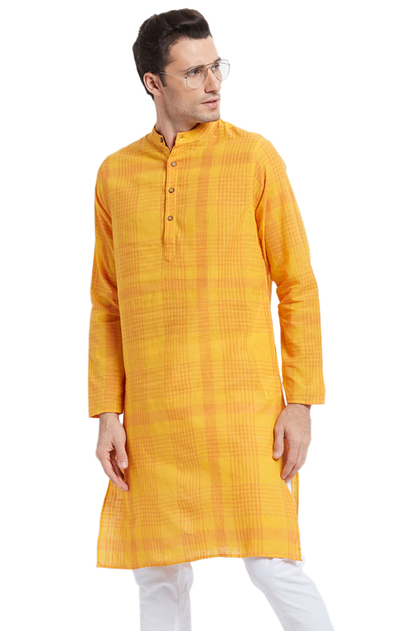 Men's printed cotton mandarin collar knee-length kurta, side view.
