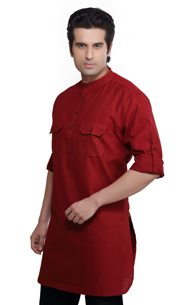 Men's red cotton band collar knee-length kurta, alternate front view.