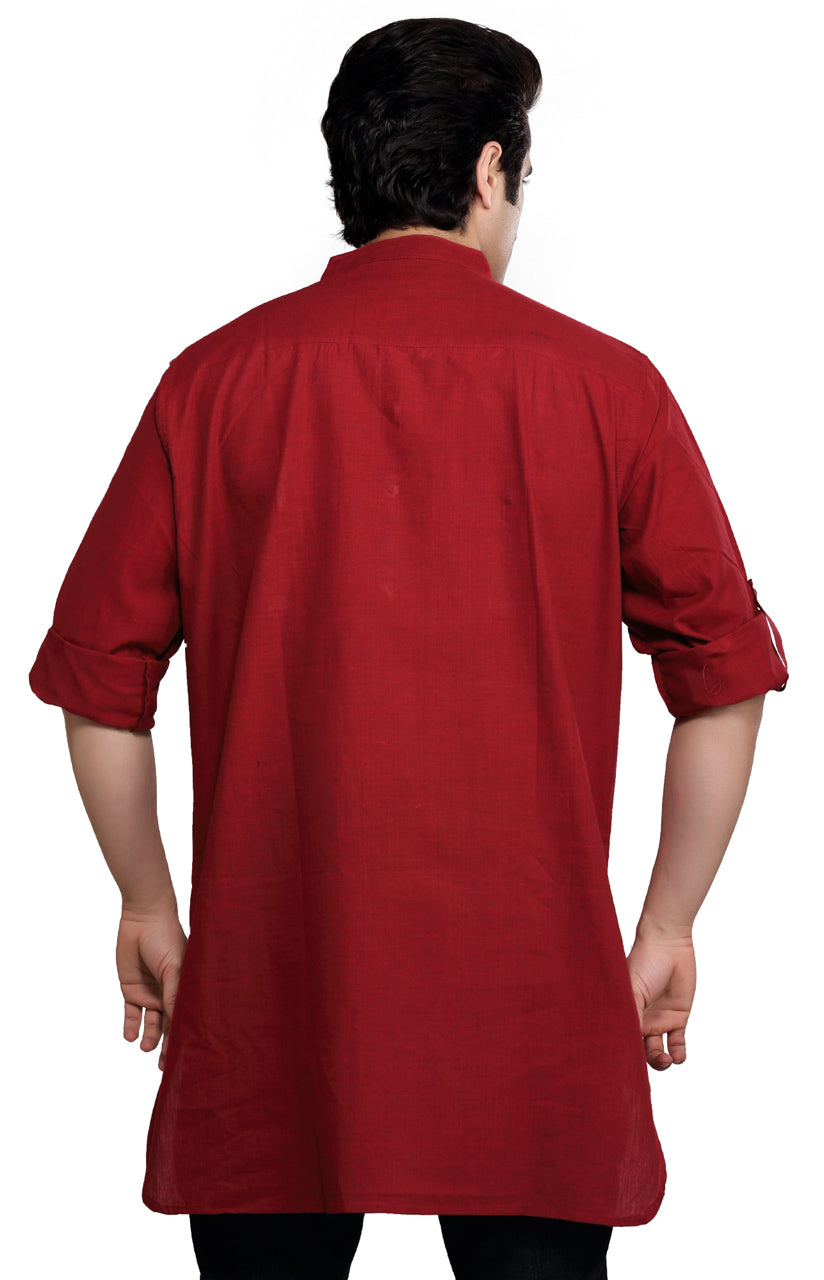 Men's red cotton band collar knee-length kurta, alternate side view.