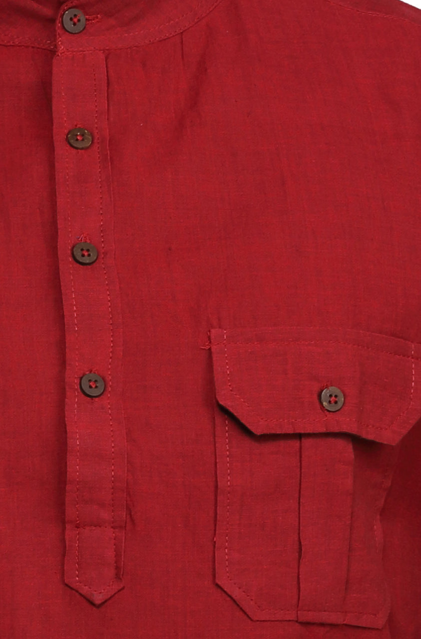 Men's red cotton band collar knee-length kurta, back view.