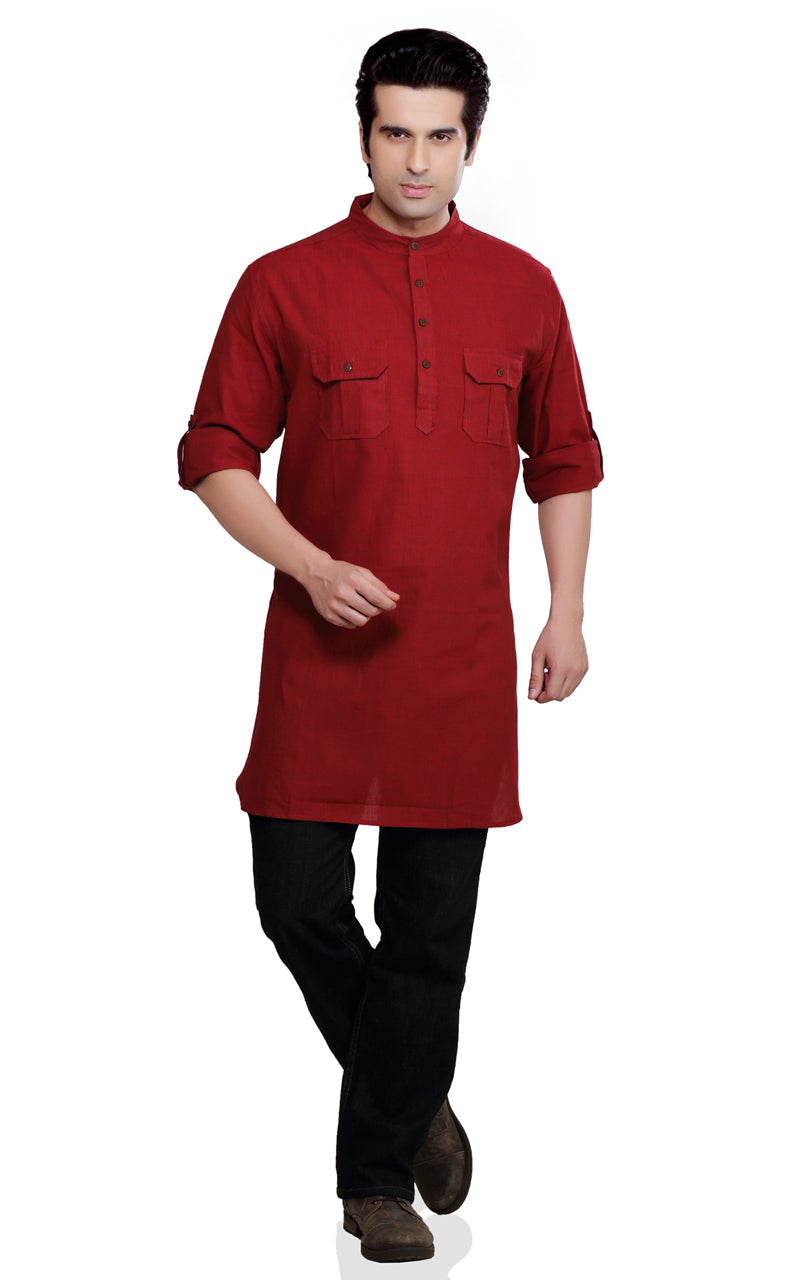 Men's red cotton band collar knee-length kurta, close-up detail.