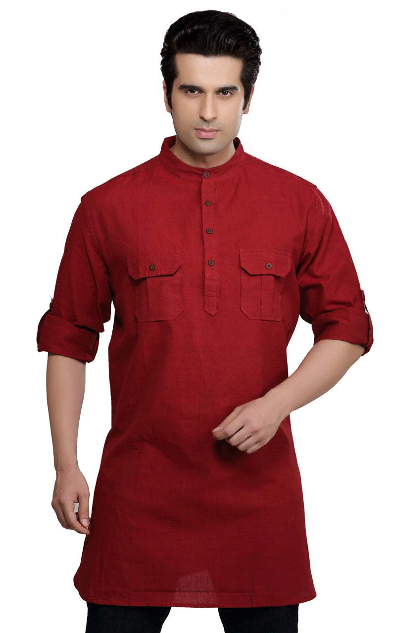 Men's red cotton band collar knee-length kurta, front view.