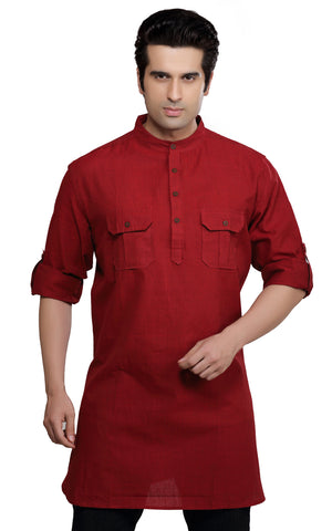 Men's red cotton band collar knee-length kurta, front view.