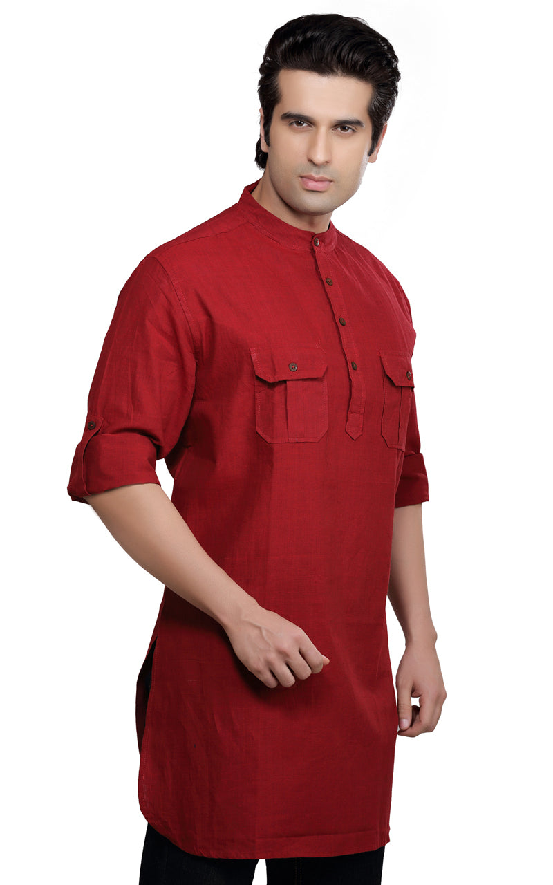 Men's red cotton band collar knee-length kurta, side view.