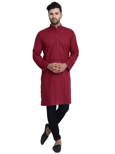 Men's red cotton band collar knee-length kurta, alternate front view.