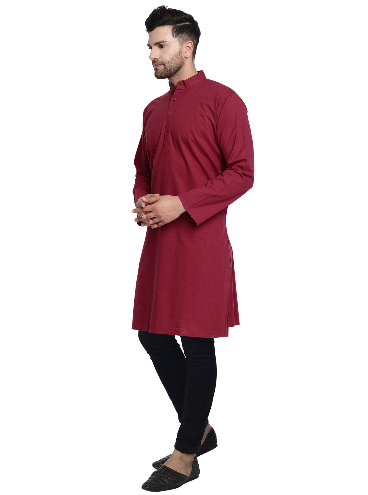 Men's red cotton band collar knee-length kurta, alternate side view.