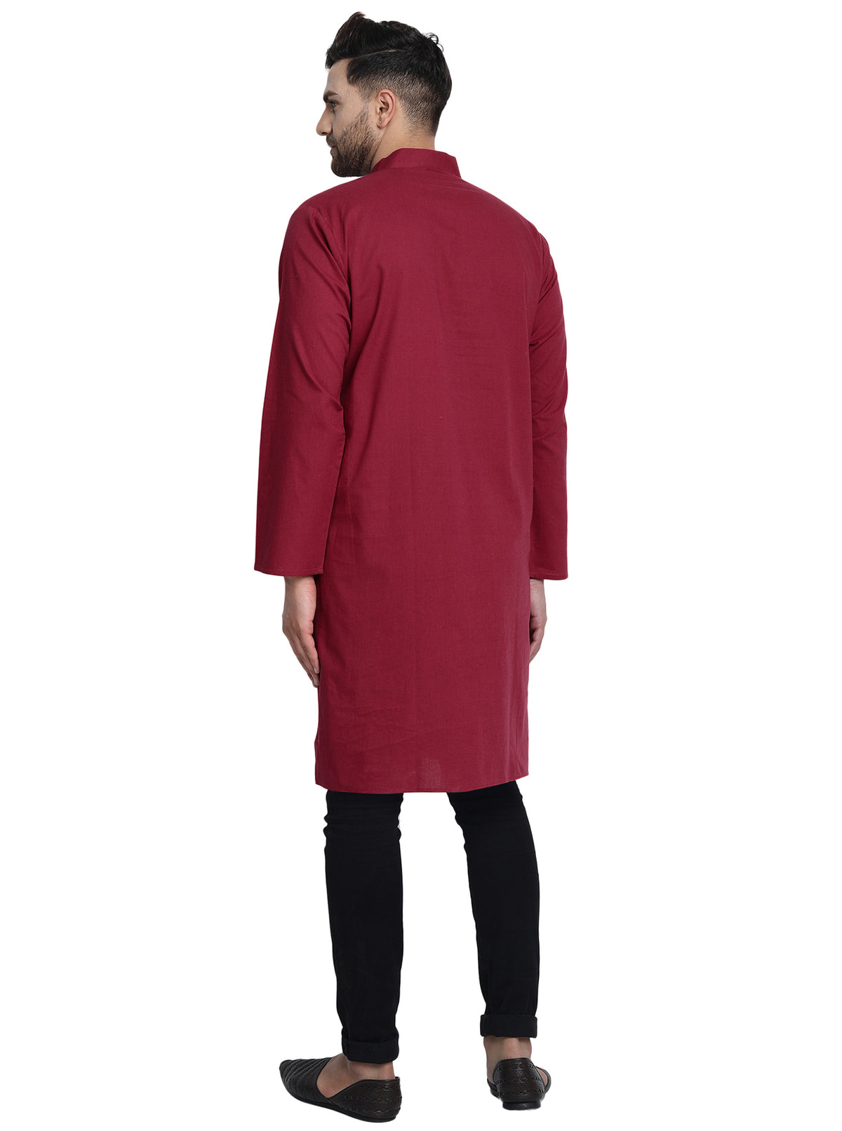 Men's red cotton band collar knee-length kurta, back view.