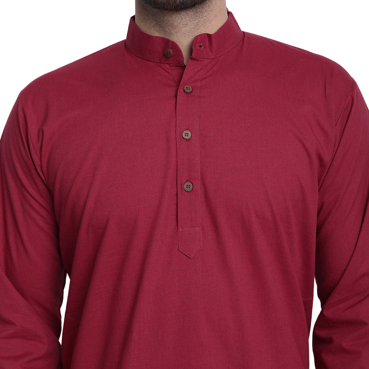 Men's red cotton band collar knee-length kurta, close-up detail.