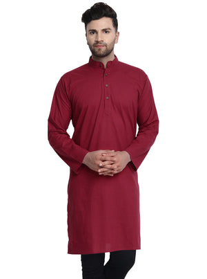 Men's red cotton band collar knee-length kurta, front view.
