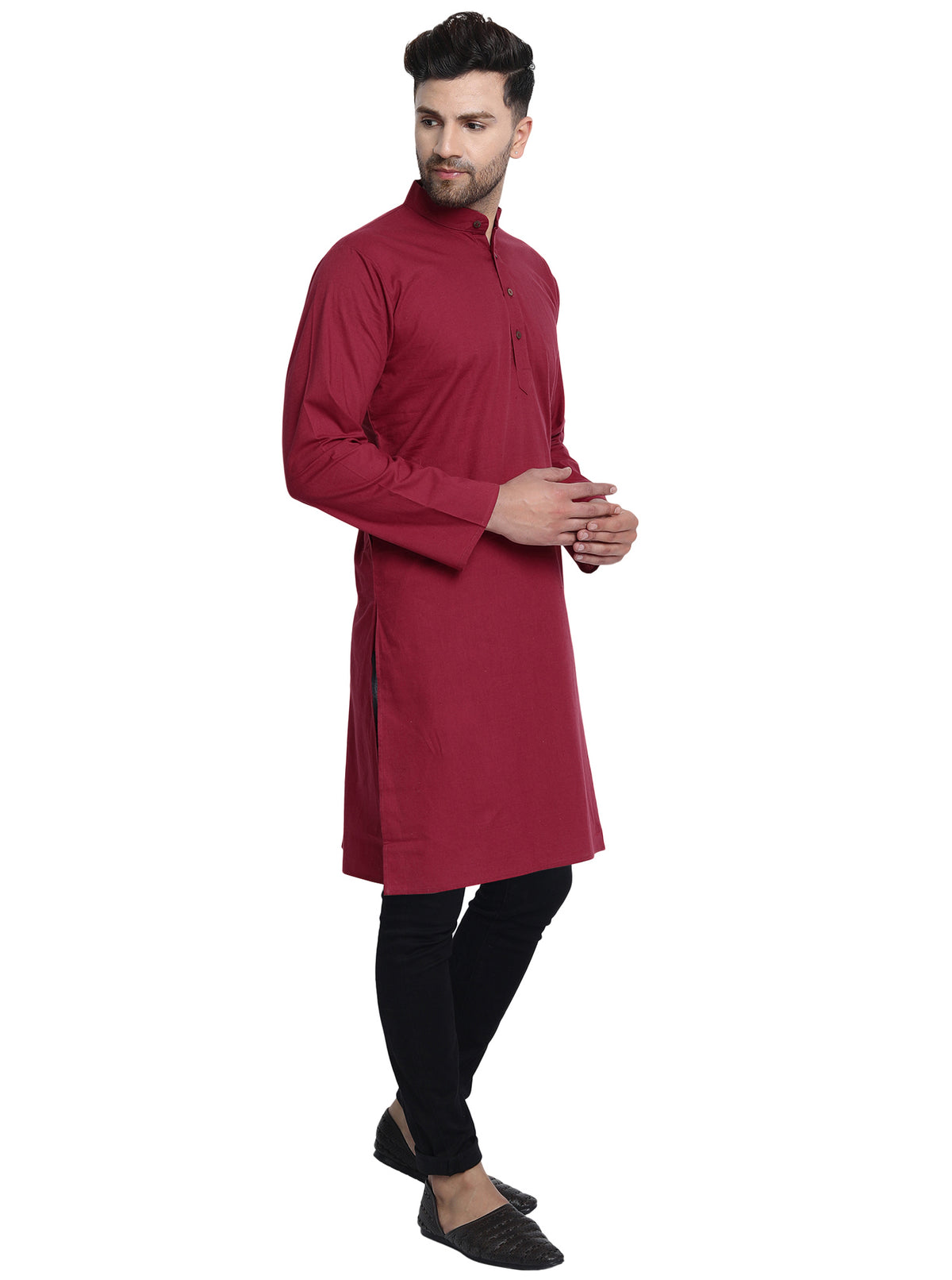 Men's red cotton band collar knee-length kurta, side view.