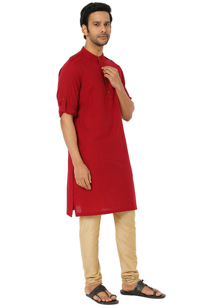 Men's red cotton mandarin collar knee-length kurta, alternate front view.