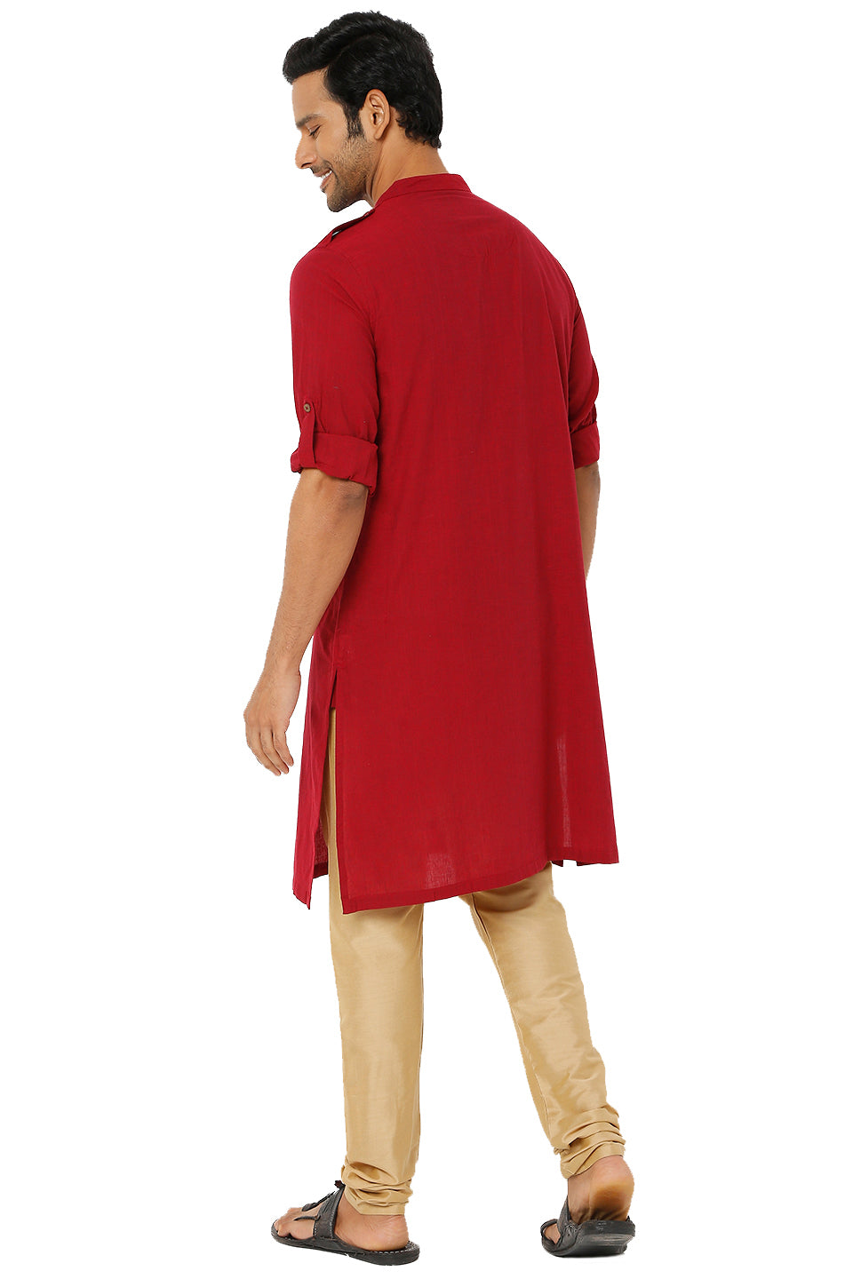 Men's red cotton mandarin collar knee-length kurta, alternate side view.