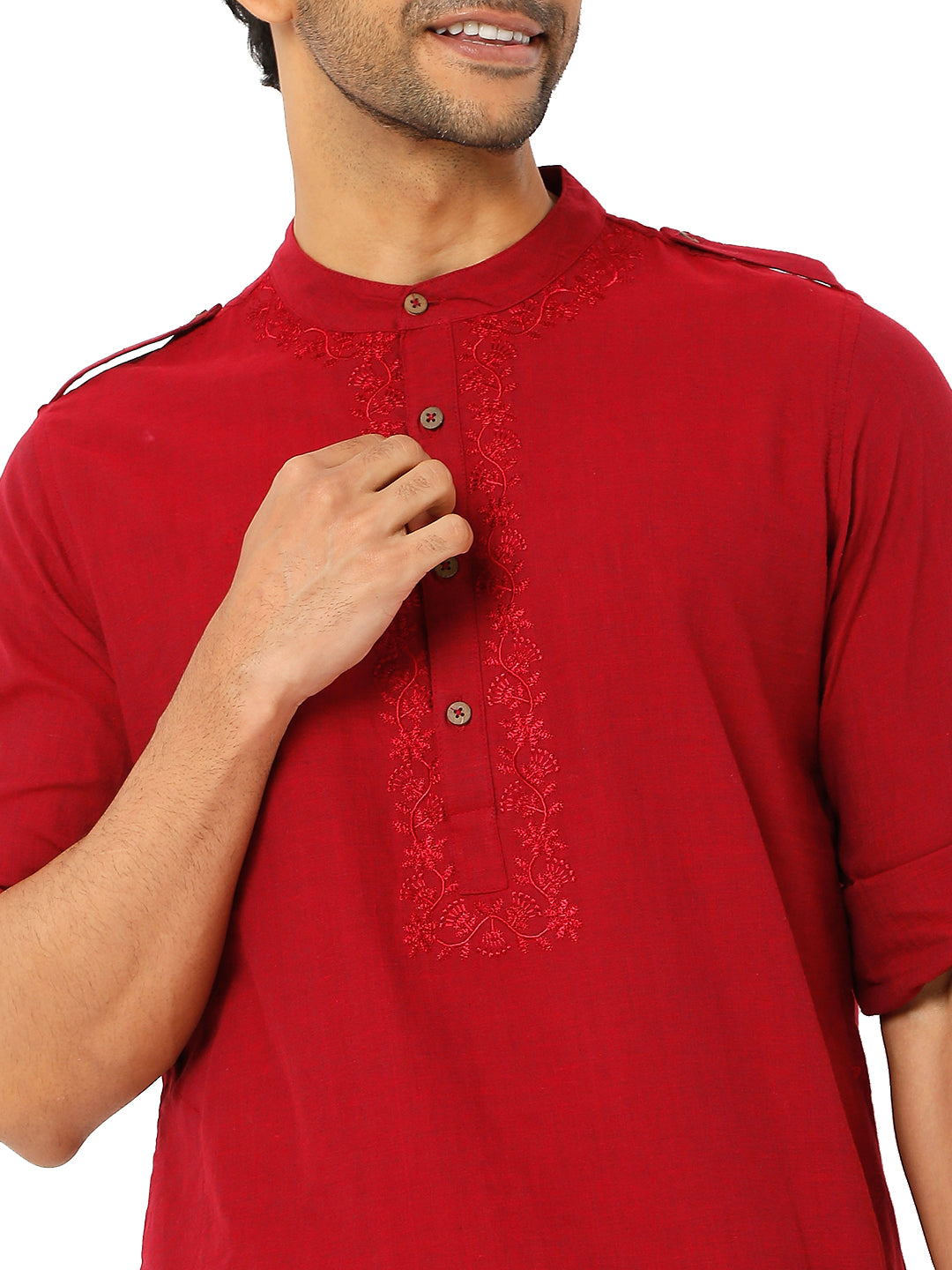 Men's red cotton mandarin collar knee-length kurta, back view.