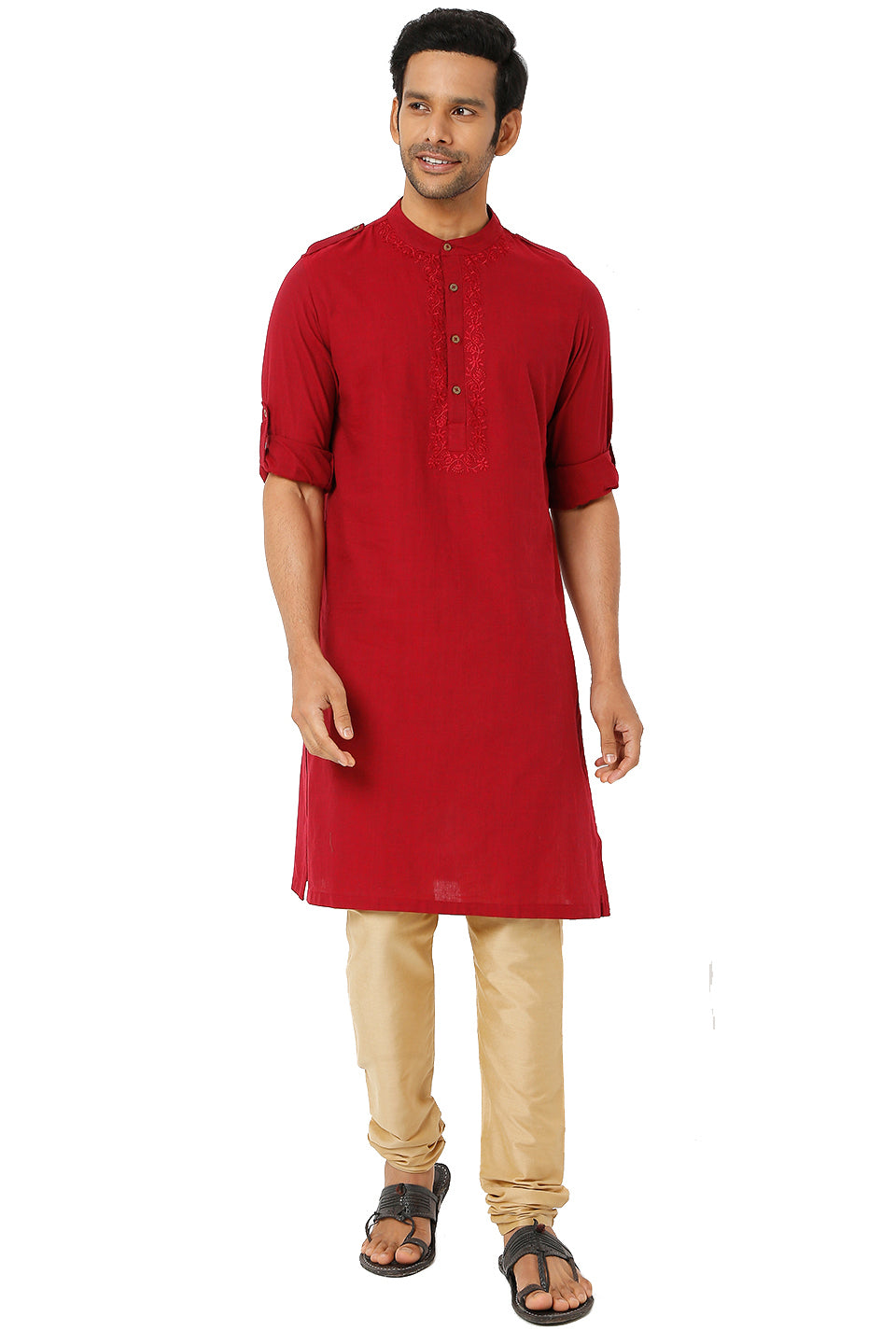 Men's red cotton mandarin collar knee-length kurta, close-up detail.