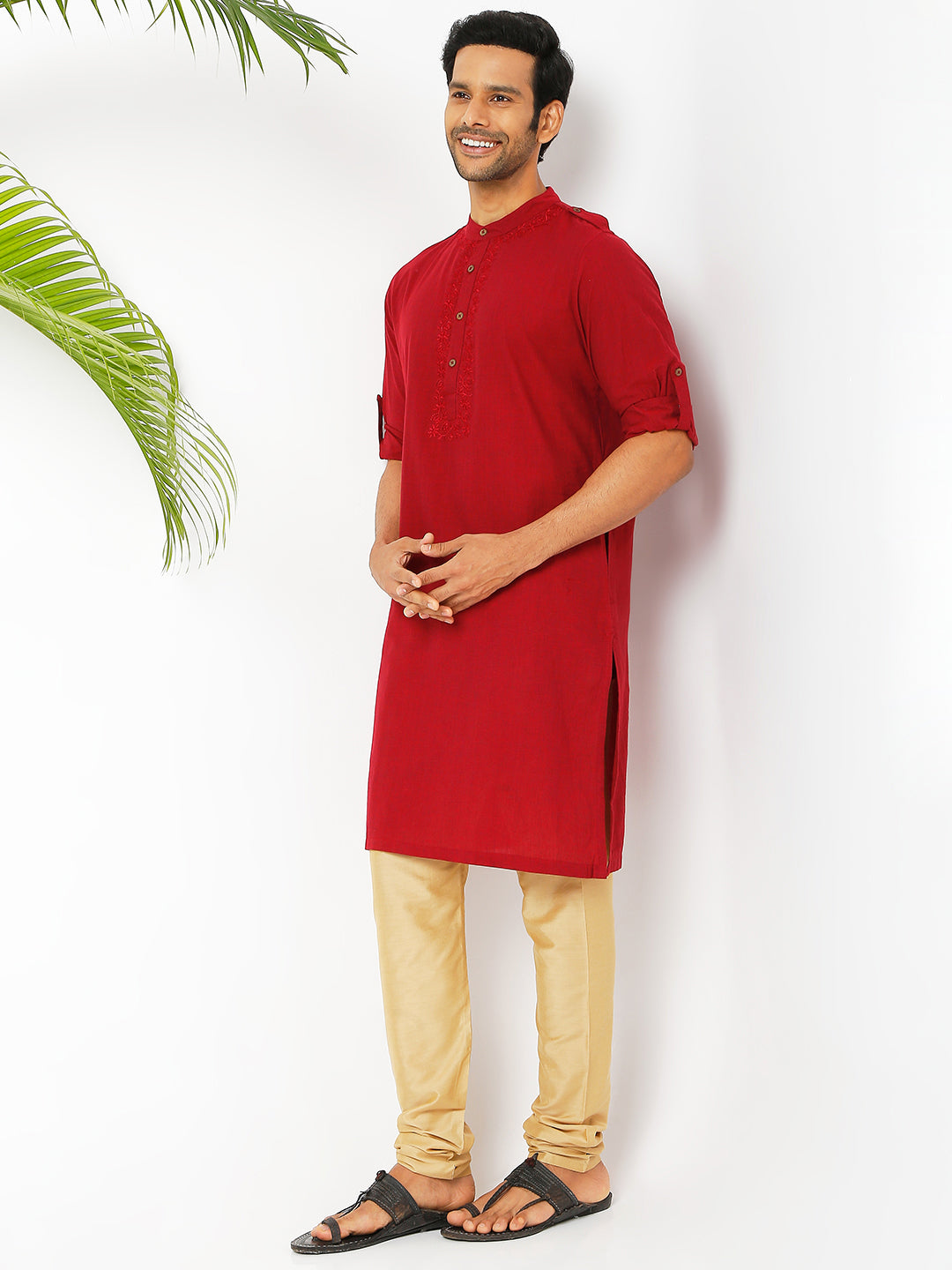 Men's red cotton mandarin collar knee-length kurta, collar and neckline detail.