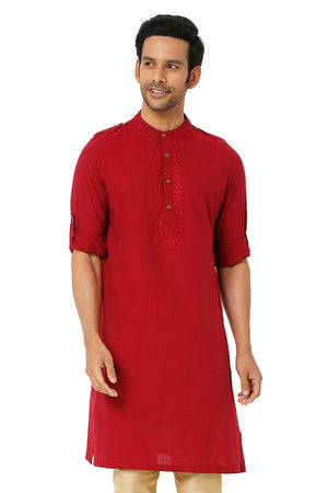 Men's red cotton mandarin collar knee-length kurta, front view.