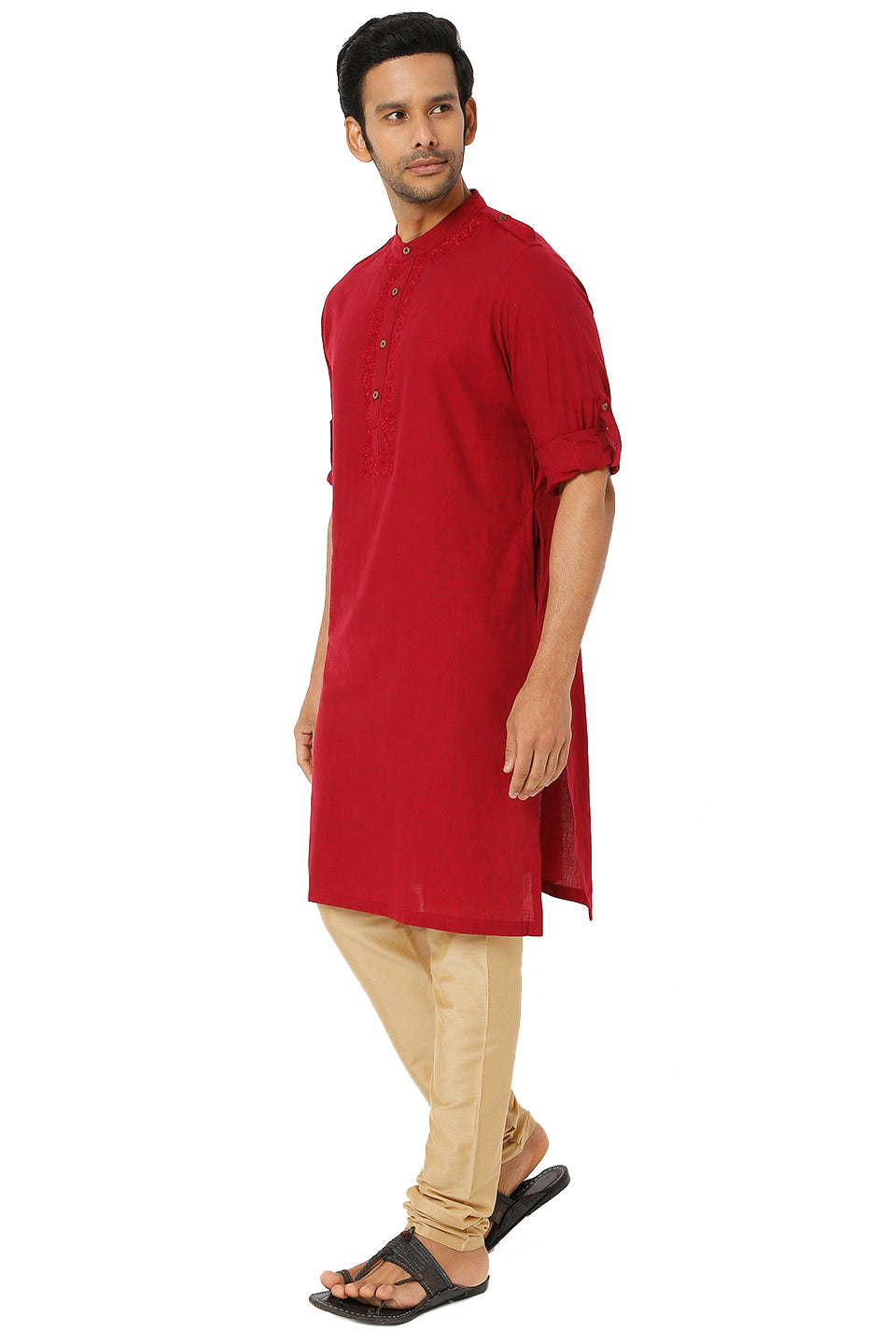 Men's red cotton mandarin collar knee-length kurta, side view.