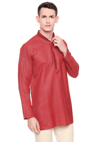 Men's red embroidered cotton blend knee-length kurta, alternate front view.