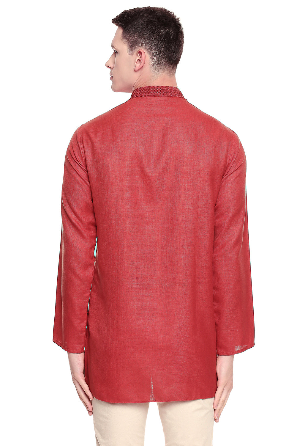 Men's red embroidered cotton blend knee-length kurta, alternate side view.