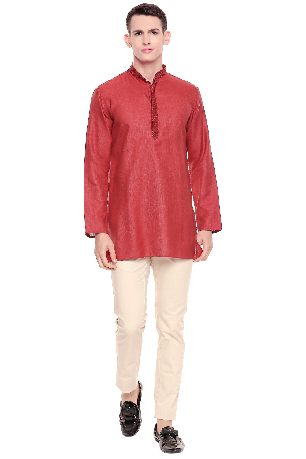 Men's red embroidered cotton blend knee-length kurta, back view.