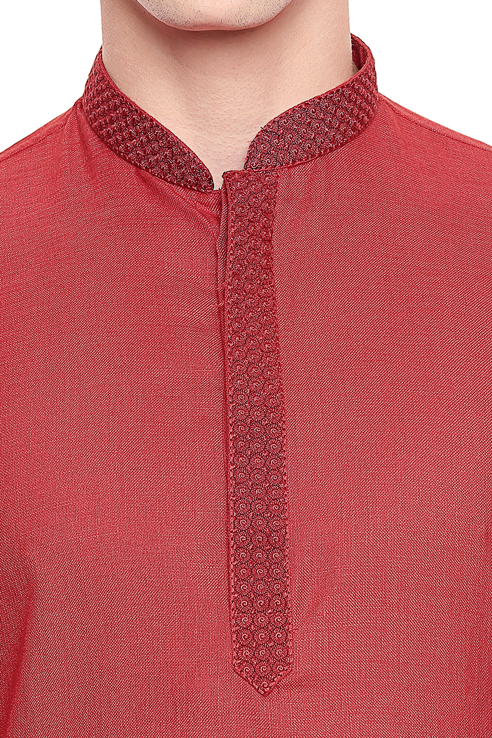 Men's red embroidered cotton blend knee-length kurta, close-up detail.