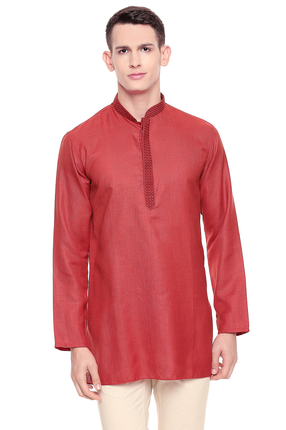 Men's red embroidered cotton blend knee-length kurta, front view.