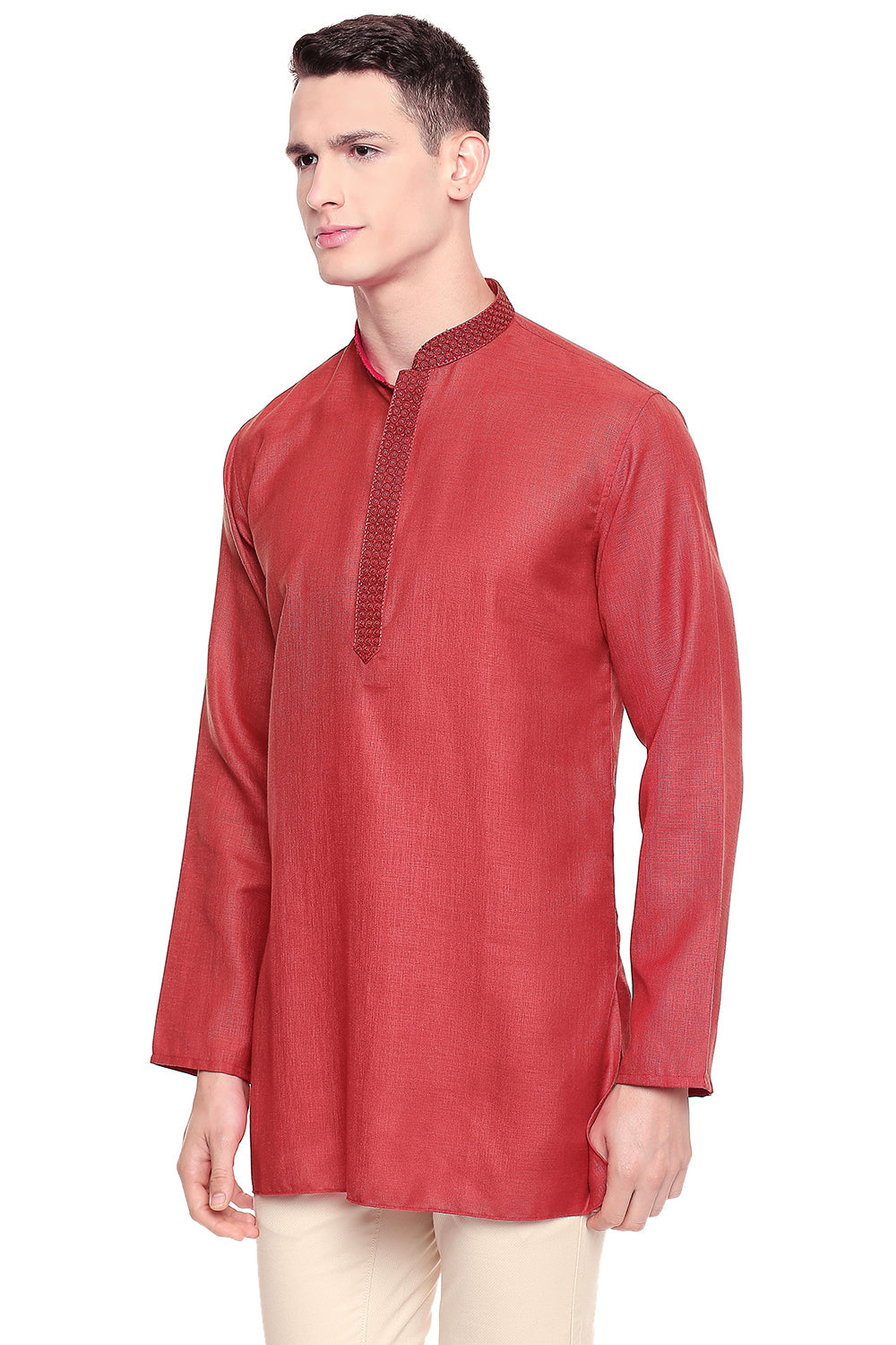 Men's red embroidered cotton blend knee-length kurta, side view.