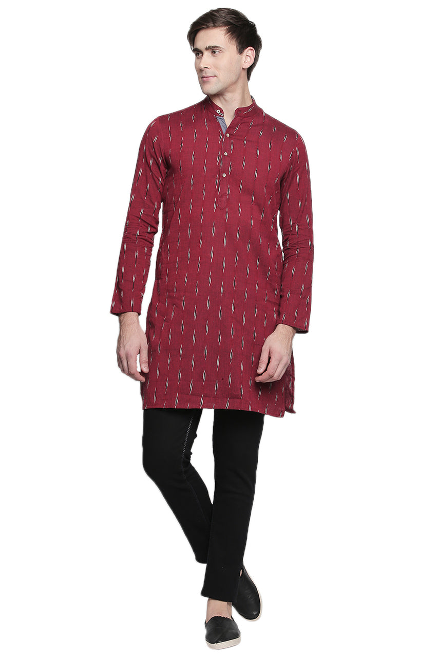 Men's red printed cotton band collar knee-length kurta, alternate front view.