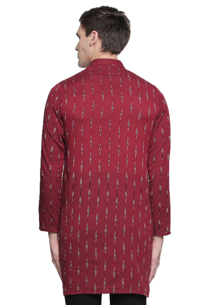 Men's red printed cotton band collar knee-length kurta, alternate side view.