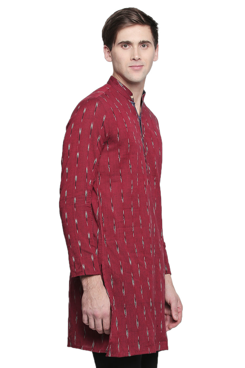 Men's red printed cotton band collar knee-length kurta, back view.