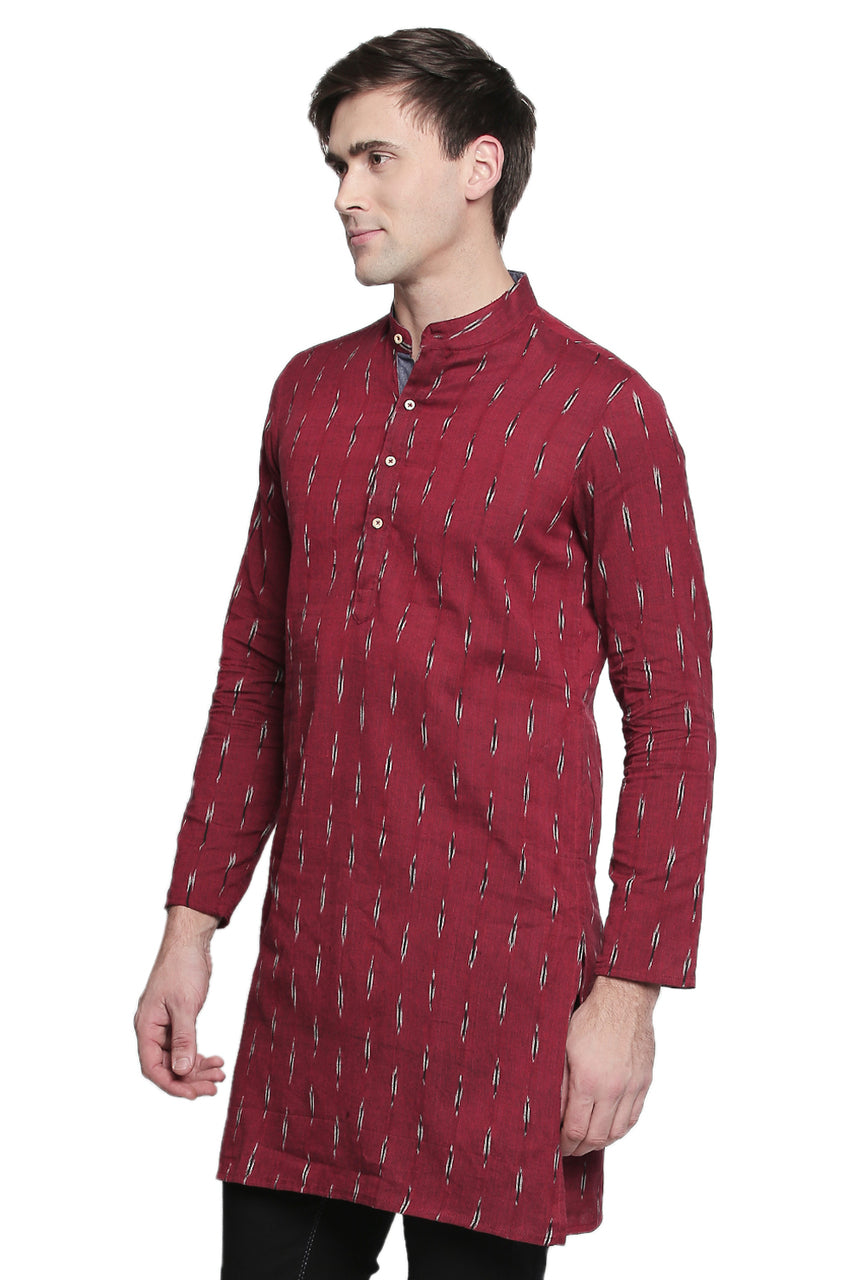 Men's red printed cotton band collar knee-length kurta, close-up detail.