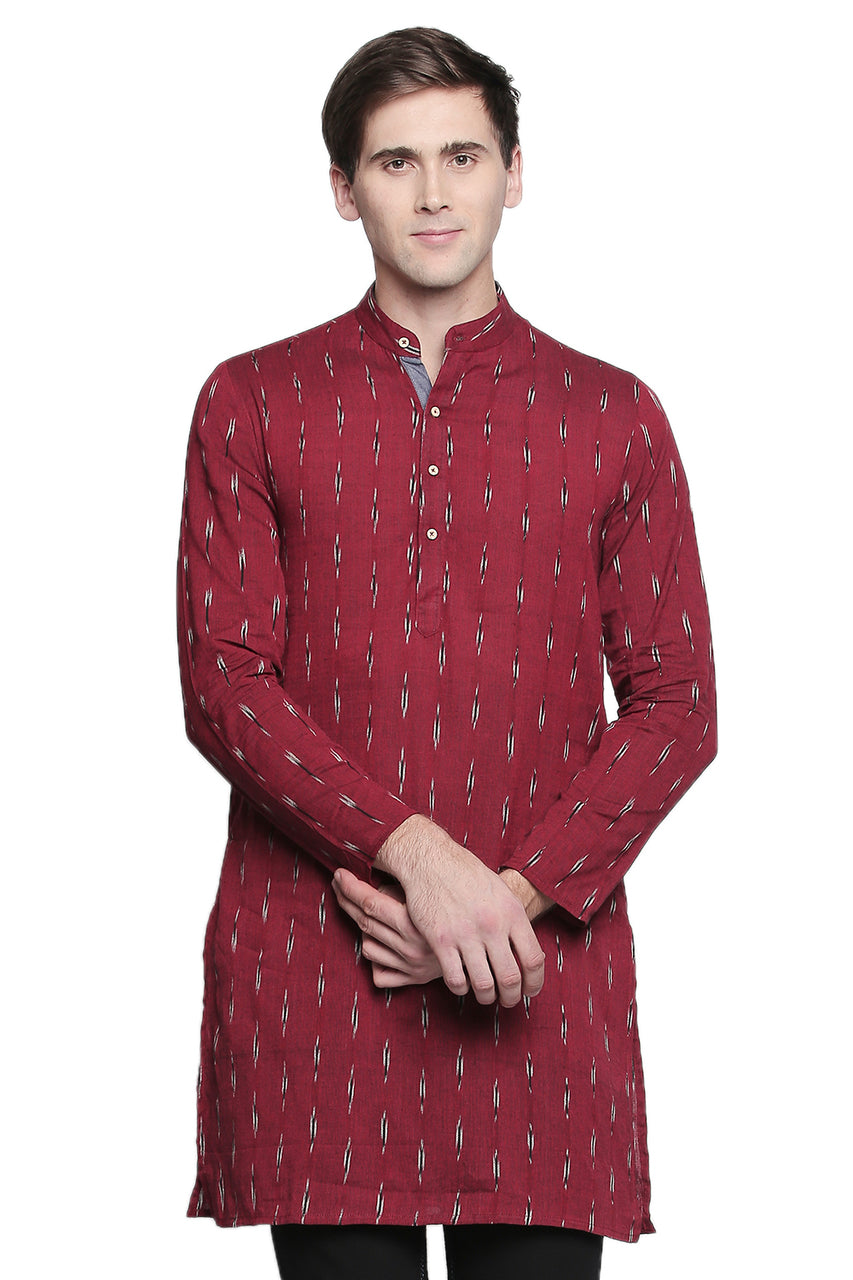 Men's red printed cotton band collar knee-length kurta, front view.