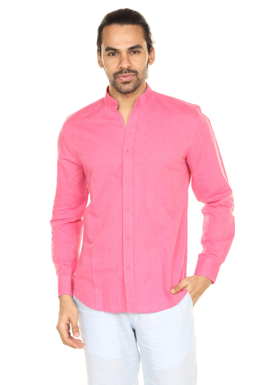 Front view of men's Rose Pink Mandarin Collar Button-Down Shirt for festive style