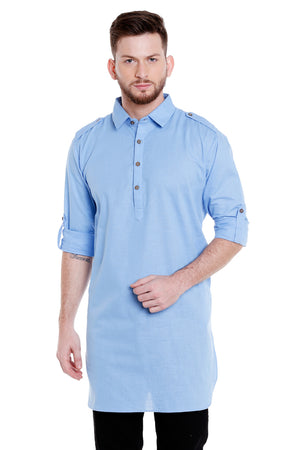 Front view of men's royal blue cotton Pathani roll-up sleeve kurta tunic with shoulder strap, suitable for wedding guest looks.