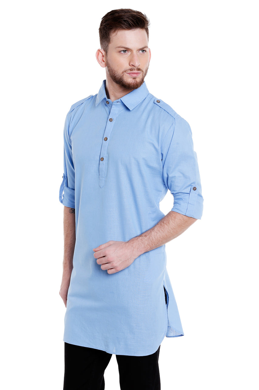 Side view of men's royal blue cotton Pathani roll-up sleeve kurta tunic with shoulder strap, suitable for wedding guest looks.
