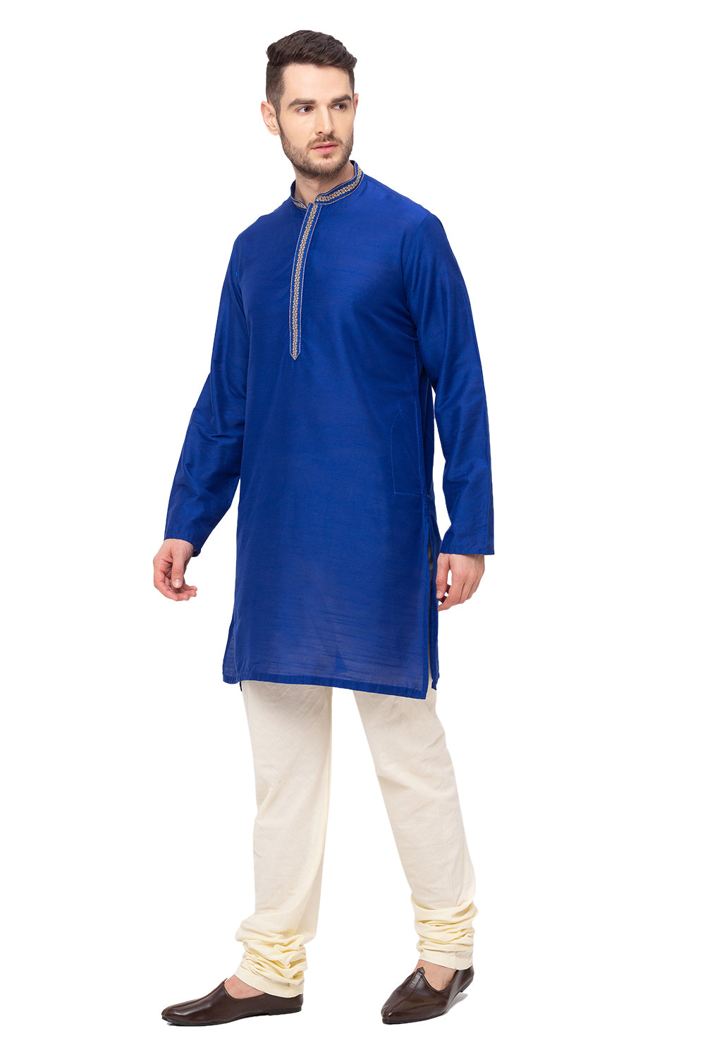 Men's royal blue embroidered knee-length kurta, alternate front view.