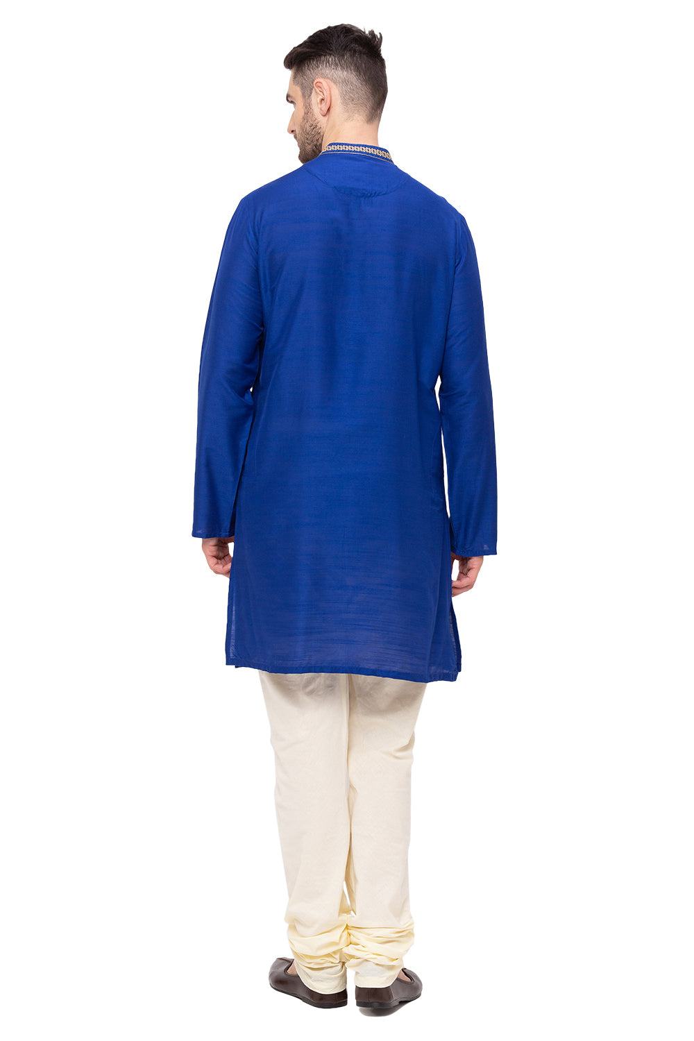 Men's royal blue embroidered knee-length kurta, alternate side view.