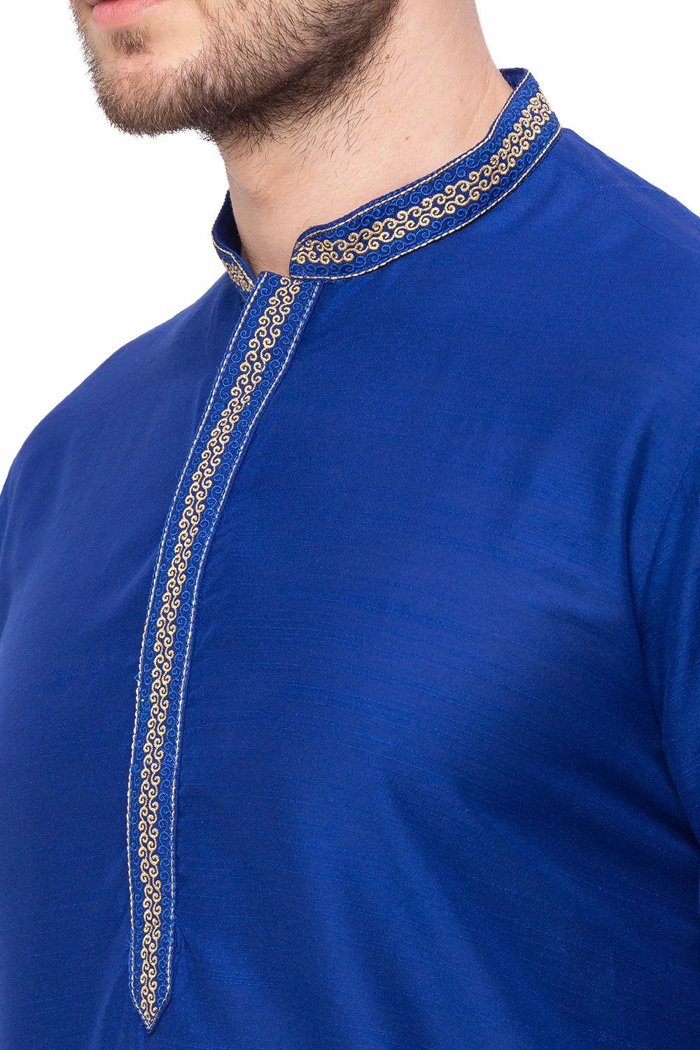 Men's royal blue embroidered knee-length kurta, back view.