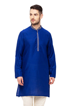 Men's royal blue embroidered knee-length kurta, front view.