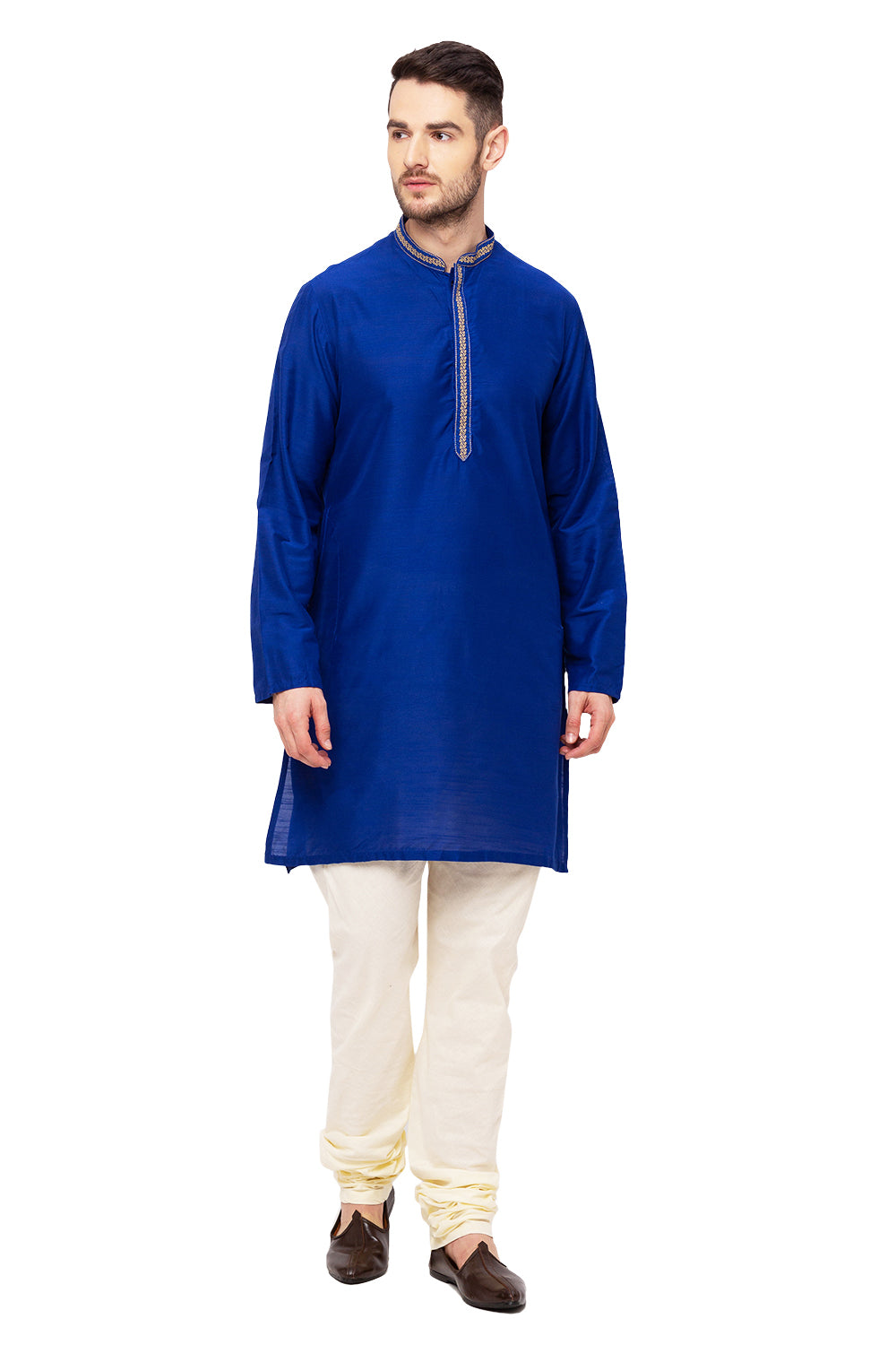 Men's royal blue embroidered knee-length kurta, side view.