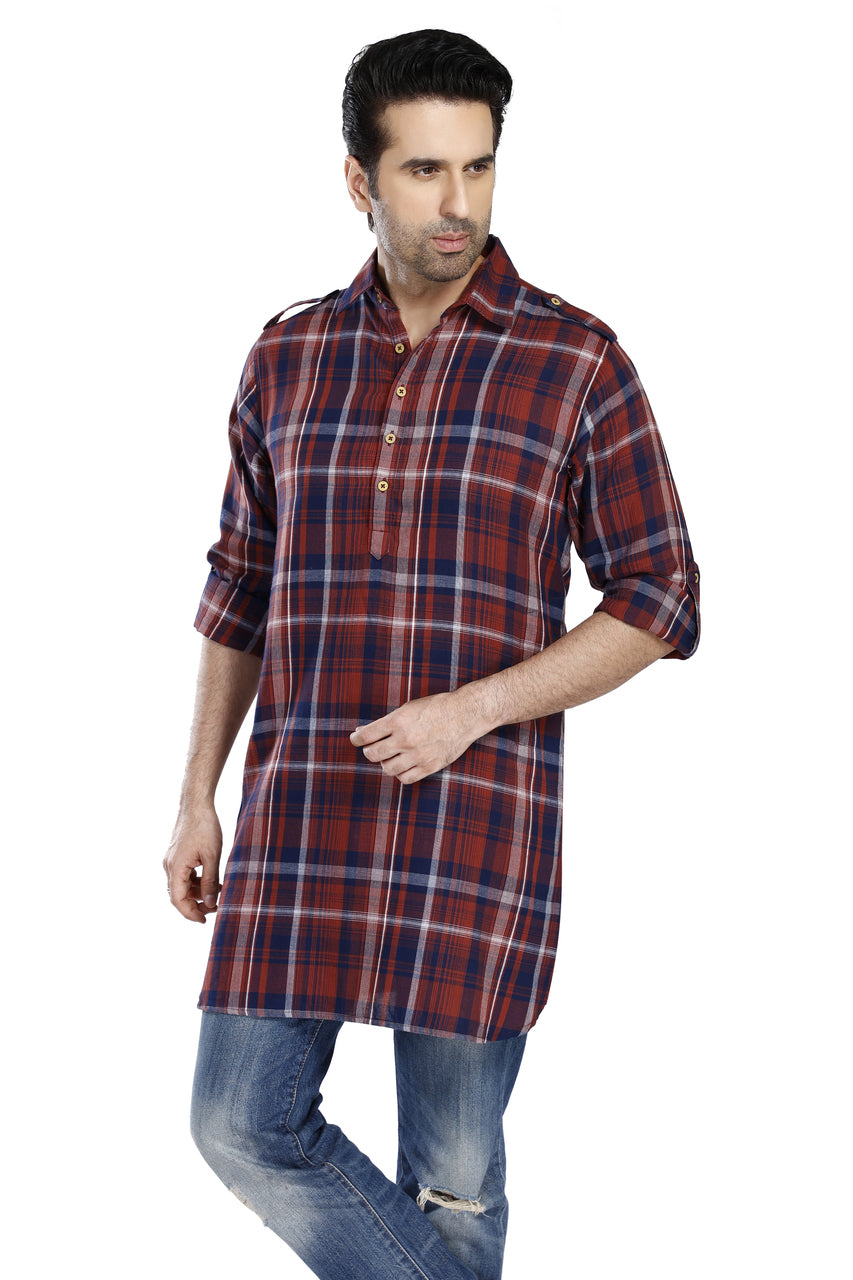 Product image 4 of men's rust plaid cotton Pathani roll-up sleeve kurta tunic with shoulder strap, suitable for wedding guest outfits.